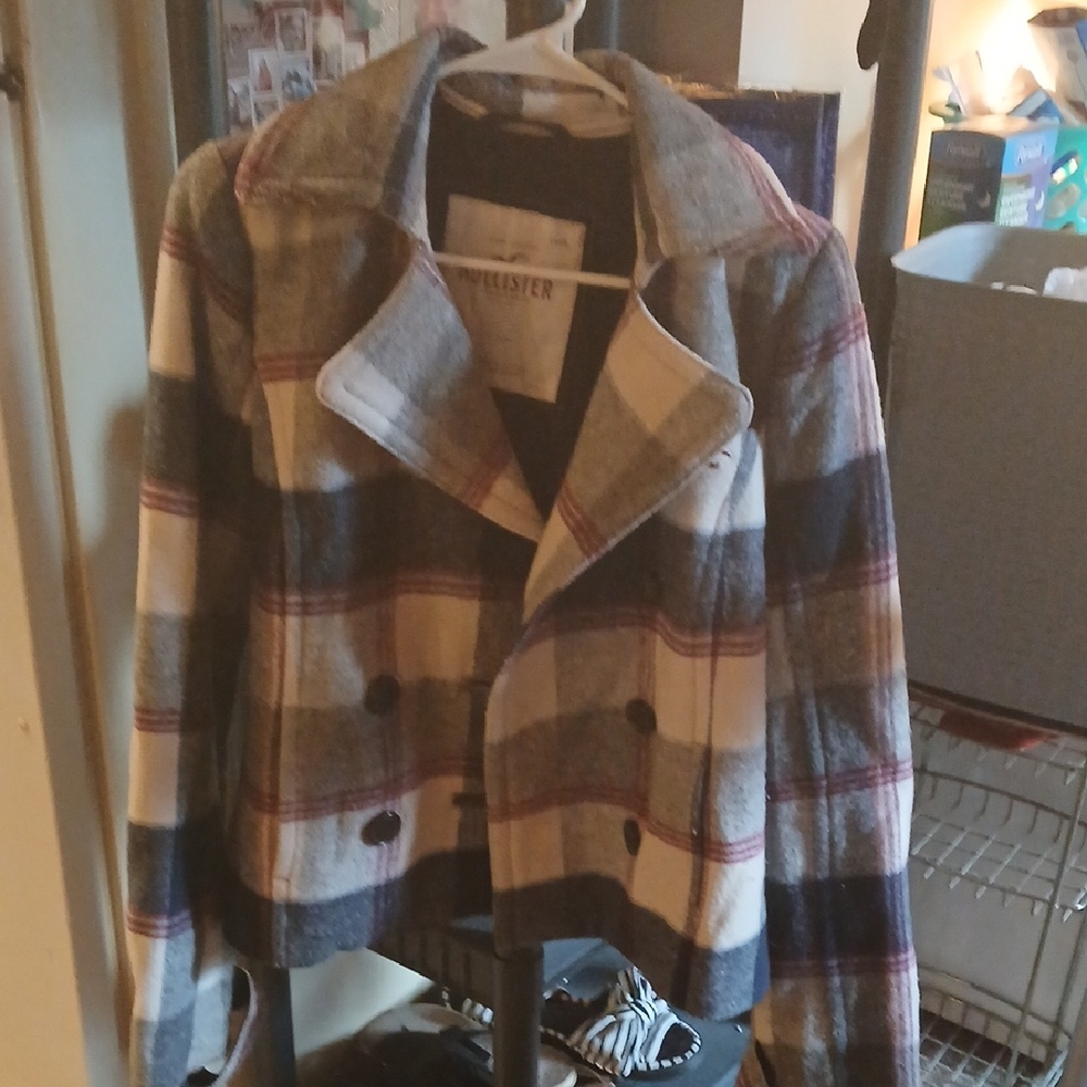Hollister Plaid Double-Breasted Peacoat in Gray, Cream & Navy
